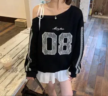 [1주간 한정 가격] 러블리 리본 레이스 언밸런스 맨투맨