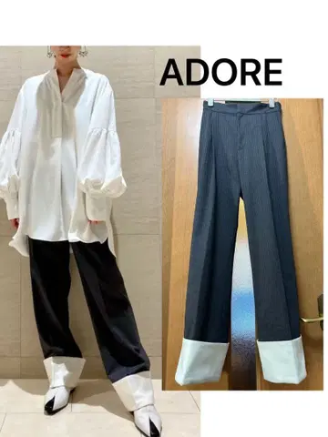 ADORE 아도어 파인 스트라이프 테이퍼드 팬츠 36 그레이 x 핑크