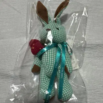 미사용 새상품 핑크하우스 깅엄 체크 토끼 봉제 인형 코사지