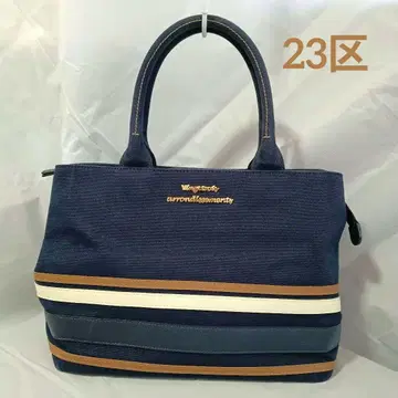 23구 캔버스 가죽 느낌 토트 백 네이비 멀티 배색 새상품급 양호