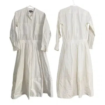 드 로어 코튼 실크 셔츠 허리 코드 원피스 긴팔 화이트