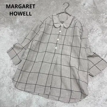 컨디션 최상 마가렛호웰 린넨 둥근 카라 체크 풀오버 셔츠