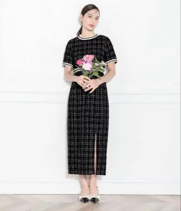 Leja 트위드 패턴 하이웨스트 원피스 드레스 블랙 S