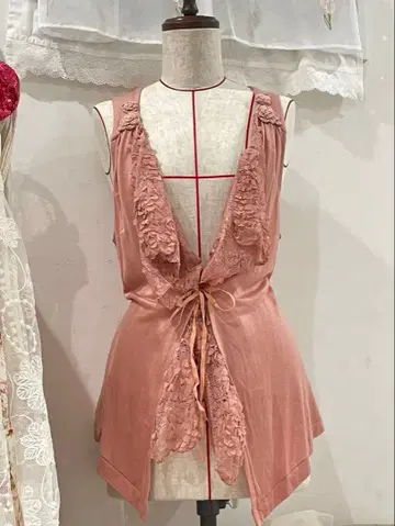 핑크 레이스 프릴 모리걸 베스트 가디건 장미 페어리