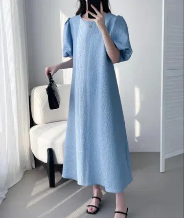 블루 퍼프 슬리브 자카드 원피스