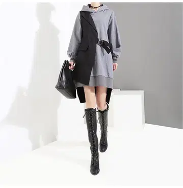 베스트풍 패치워크 후드 부착 미디 드레스