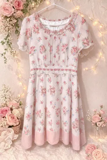 꽃무늬 레이스 원피스 핑크 히메걸리시 모리걸 페미닌