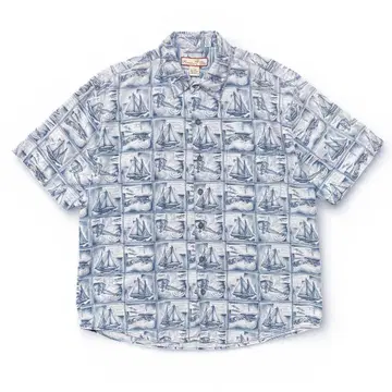 구제 의류 파라다이스 블루 실크 코튼 하와이안 셔츠 요트 비행기 패턴
