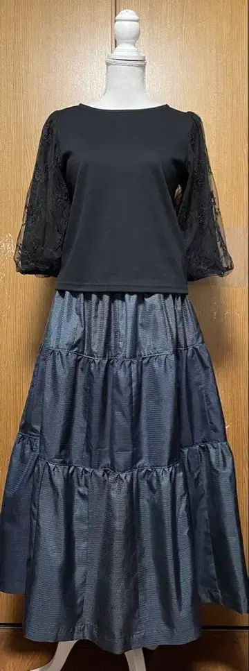 기모노 리메이크 심플 남색 계열 오시마 패치워크 캉캉 스커트