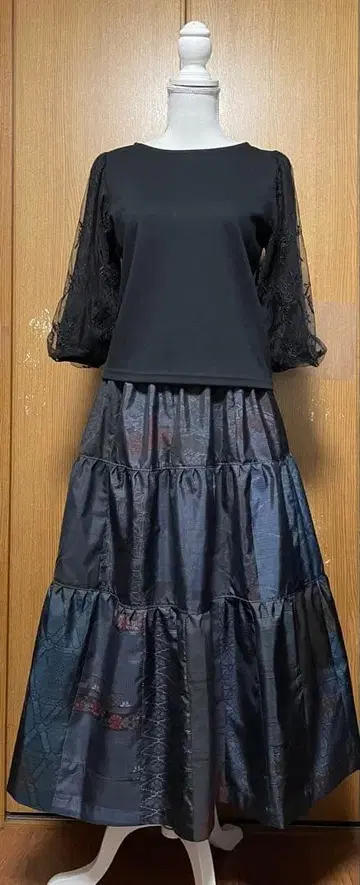 기모노 리메이크 남색 계열 올 패턴 오시마 패치워크 캉캉 스커트