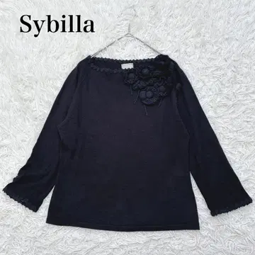 시빌라 Sybilla 꽃 모티브 7부 소매 니트 스캘럽 블랙 M