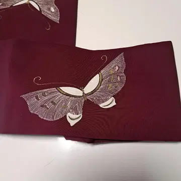 버건디 나비 자수 나고야 오비 순수 실크