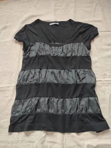 TheoryLUXE 띠어리 럭스 보더 블랙 반팔 티셔츠 실크 혼방