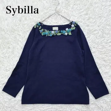 시빌라 Sybilla 넥 꽃 모티브 7부 소매 니트 래글런 소매 네이비