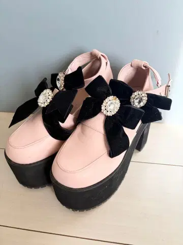 Ank Rouge 비쥬 리본 통굽 신발 핑크 지뢰 양산형