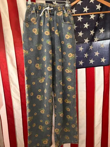 해바라기 올 패턴 데님 이지 팬츠 히피