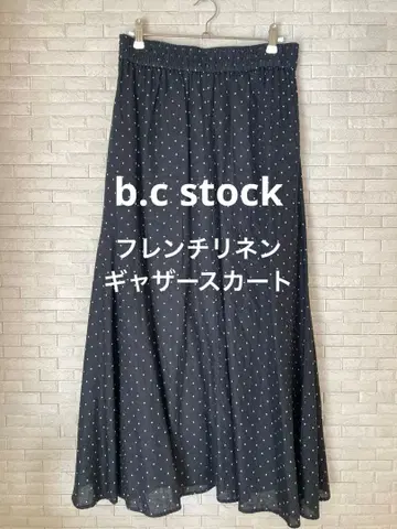 B.C STOCK 프렌치 린넨 개더 스커트 블랙 도트 무늬