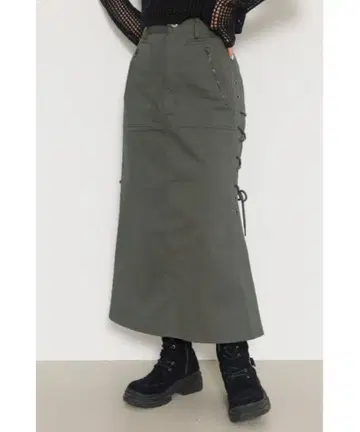 LAGUA GEM 카고 롱 스커트 카키 사이드 레이스업 S
