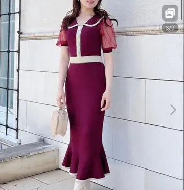[거의 미착용 새상품급] MIIA 펄 배색 니트 머메이드 원피스 보르도