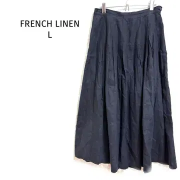 프렌치 린넨 노르만디 롱 스커트 린넨 100 플리츠 네이비