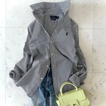 새상품급 폴로 랄프로렌 코튼 스트라이프 셔츠 블랙 x 화이트 자수