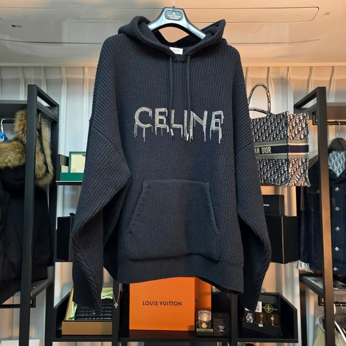 M] Celine Ribbed Logo Oversized Fit Wool Knit Hoodie Black 