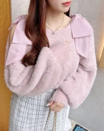 미사용 INGNI 잉그 어깨 리본 페더 니트 오프숄더 리본 포함