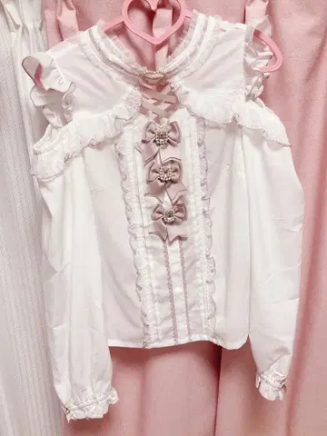 LIZLISA 3개 리본 하트 초커 블라우스 리즈리사 핑크 긴팔