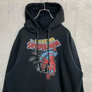 마블 스파이더맨 캐릭터 프린트 블랙 후드 맨투맨 2XL