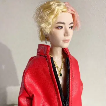 BTS 마텔 인형 의류 빨간색 페이크 가죽 자켓