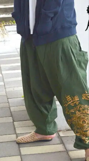 에스닉 자수 올리브 그린 사루엘 팬츠 동양 패션