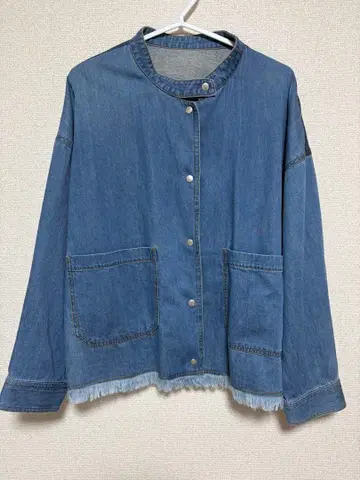 ONIGIRI 데님 밴드 카라 프린지 블루종 데님 자켓