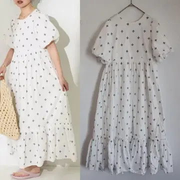 프릭스스토어 인도면 미니 꽃무늬 자수 퍼프 원피스 롱 기장 백 오픈