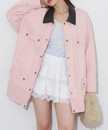 CIAOPANIC 옷깃 가죽 데님 헌팅 자켓