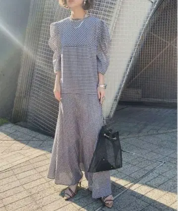 깅엄 체크 2웨이 퍼프 소매 원피스