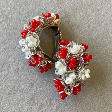 빈티지 앤티크 귀찌 후프 비즈 레드 화이트 레트로