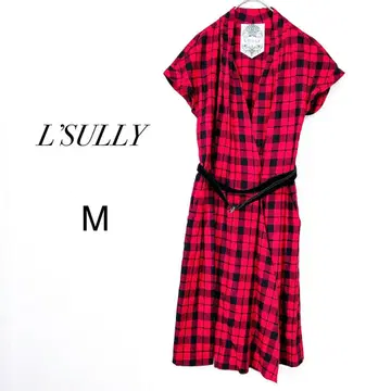 쓰리 체크 무늬 원피스 빨간색 x 블랙 M 플레어 허리 리본 일본제