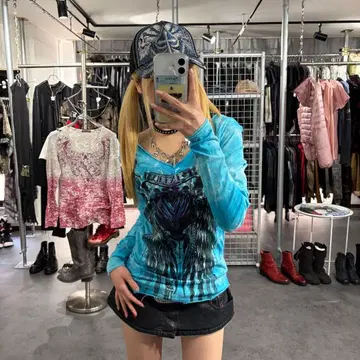 Y2K 갸루 프릭션 키라키라 와이드넥 롱T 긴팔