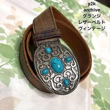 '90~y2k 그런지 가죽 벨트 천연 가죽 빈티지 터콰이즈 버클