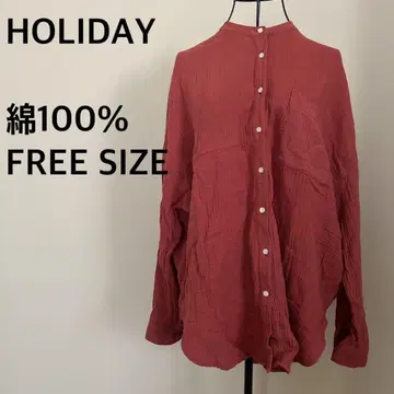 [ HOLIDAY ] 면100%/긴팔 셔츠/빨간색/레드/비침/노카라 셔츠