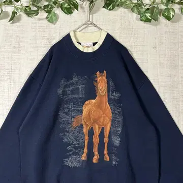 USA제 애니멀 프린트 맨투맨 트레이닝복 말 네이비 개성 L