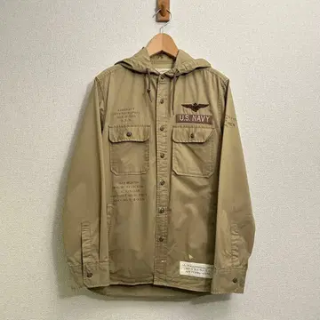 AVIREX 밀리터리 후드 셔츠 스텐실 패치 카키 M