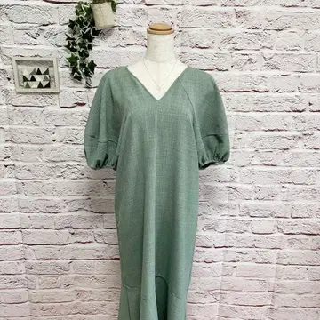 벌룬 소매 롱 원피스 머메이드 [ M ] 그린 V넥 퍼프 슬리브 반팔