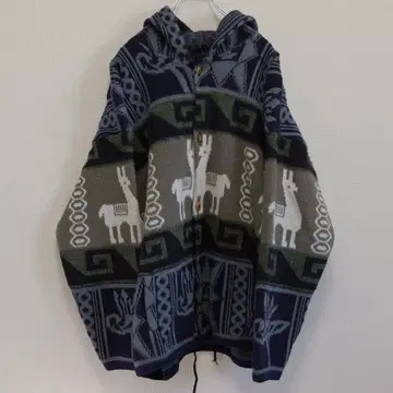 에콰도르 니트 울 자켓 네이티브 무늬 라마 무늬 후드 부착