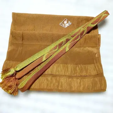 꽃무늬 자수 겨자색 실크 오비 장식 천, 겨자색 x 골드 허리띠 세트