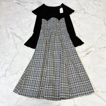 택 포함 미사용 더즈린 빅 칼라 체크 코르셋 원피스 S