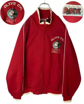 레어 구제 의류 뽀빠이 올리브 오일 레드 저지 트랙 자켓 루즈한 사이즈