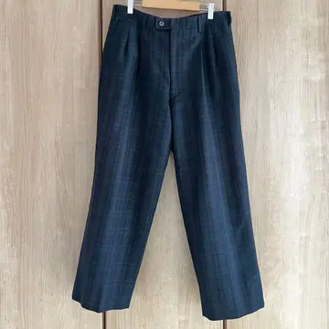 블랙워치 투 턱 와이드 슬랙스 네이비 그린 트레디셔널