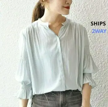 SHIPS 셔링 7부 소매 블라우스 2WAY 연한 민트 고급