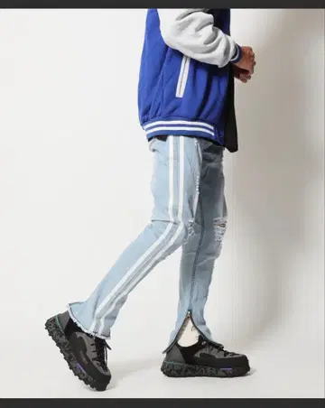 2라인 밑단 지퍼 데미지 가공 하이퍼 스트레치 스키니 데님